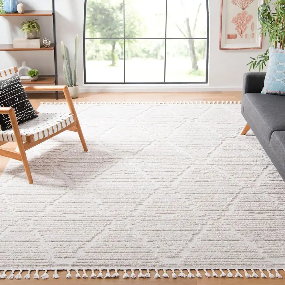 Marrakech Collection 8x10 Beige Moroccan Boho Tribal Tassel Area Rug, Non-Shedding & Easy to Clean, Perfect for Living Room, Bed