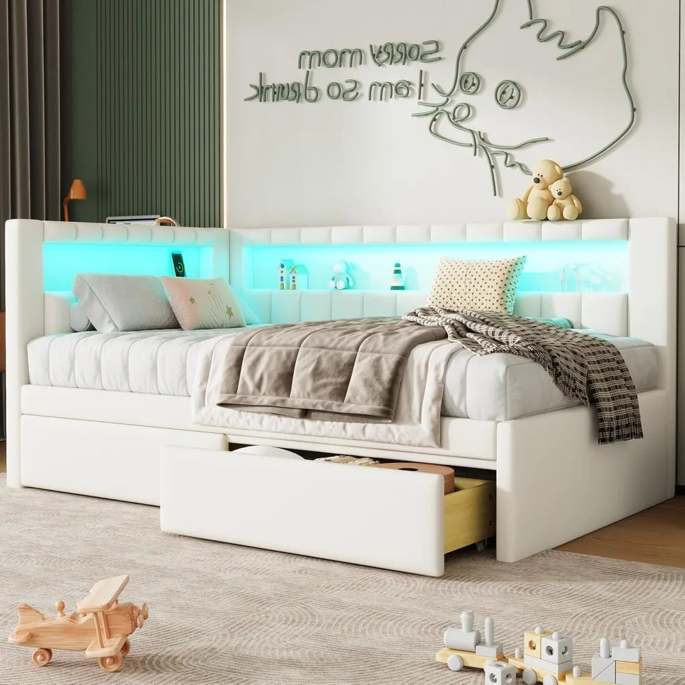 Modern Upholstered Platform Bed Frame with USB Ports & Storage Drawers