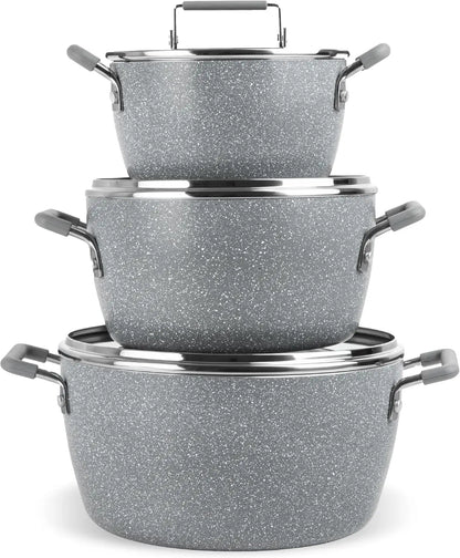 6-Piece Gray Granite Coating Nonstick Stackable Cooking Pots Set