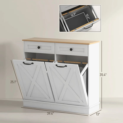 Double Tilt Out Laundry Hamper Cabinet with 2 Removable Baskets and 2 Drawers