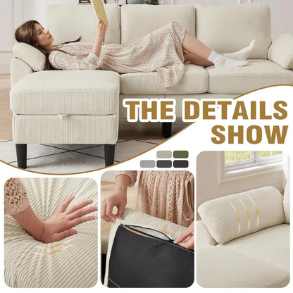 Corduroy Sectional Sofa Set with Storage Ottoman