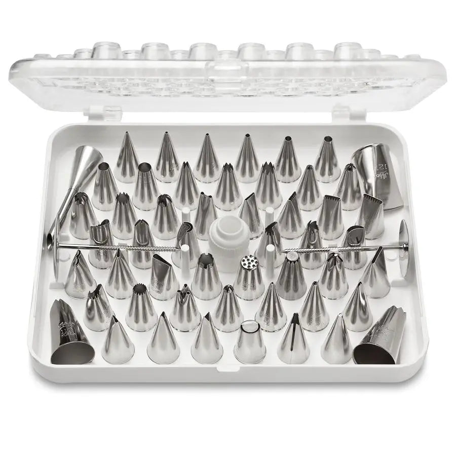 55 Piece Cake Decorating Set, Includes 52 Stainless Steel Tubes, 1 Standard Coupler, 2 Flower Nails in Hinged Storage Box