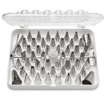 55 Piece Cake Decorating Set, Includes 52 Stainless Steel Tubes, 1 Standard Coupler, 2 Flower Nails in Hinged Storage Box