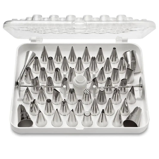 55 Piece Cake Decorating Set, Includes 52 Stainless Steel Tubes, 1 Standard Coupler, 2 Flower Nails in Hinged Storage Box