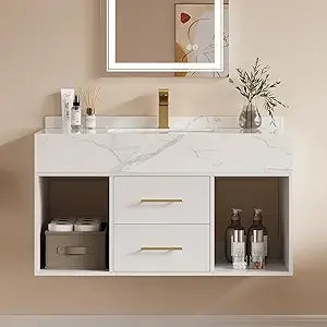 Floating Bathroom Vanity with Sintered Stone Vessel Sink 2 Drawers