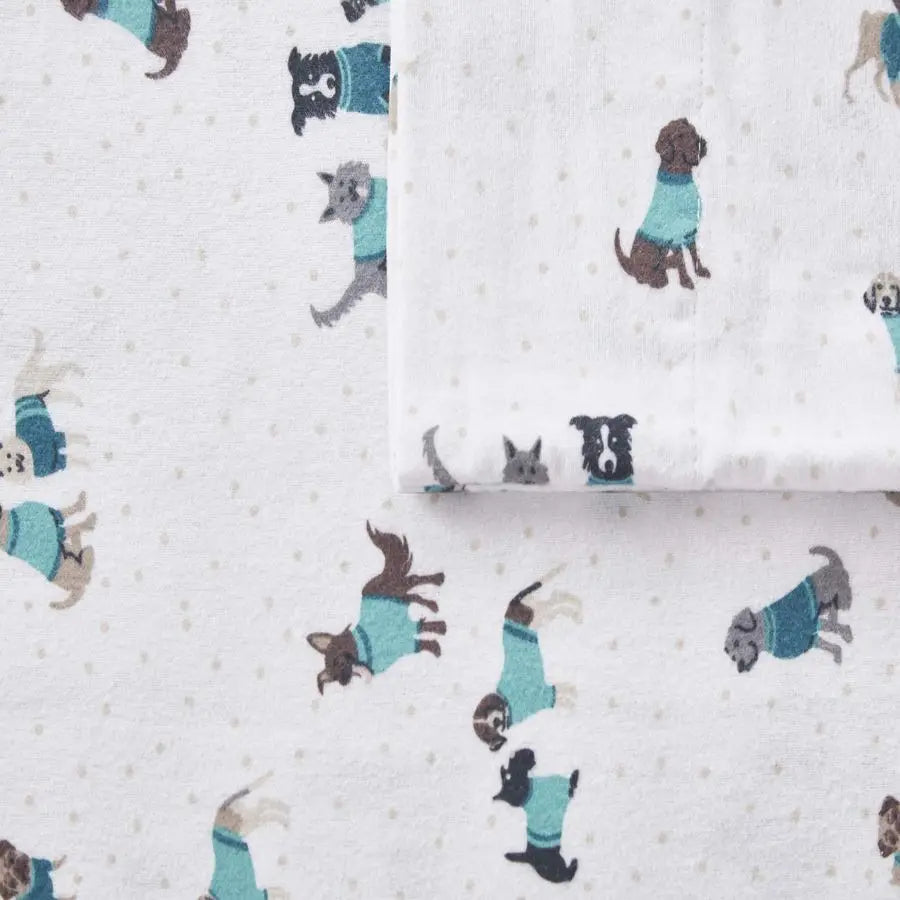 100 Cotton Flannel Twin Sheets, Teal Dogs 3 Piece