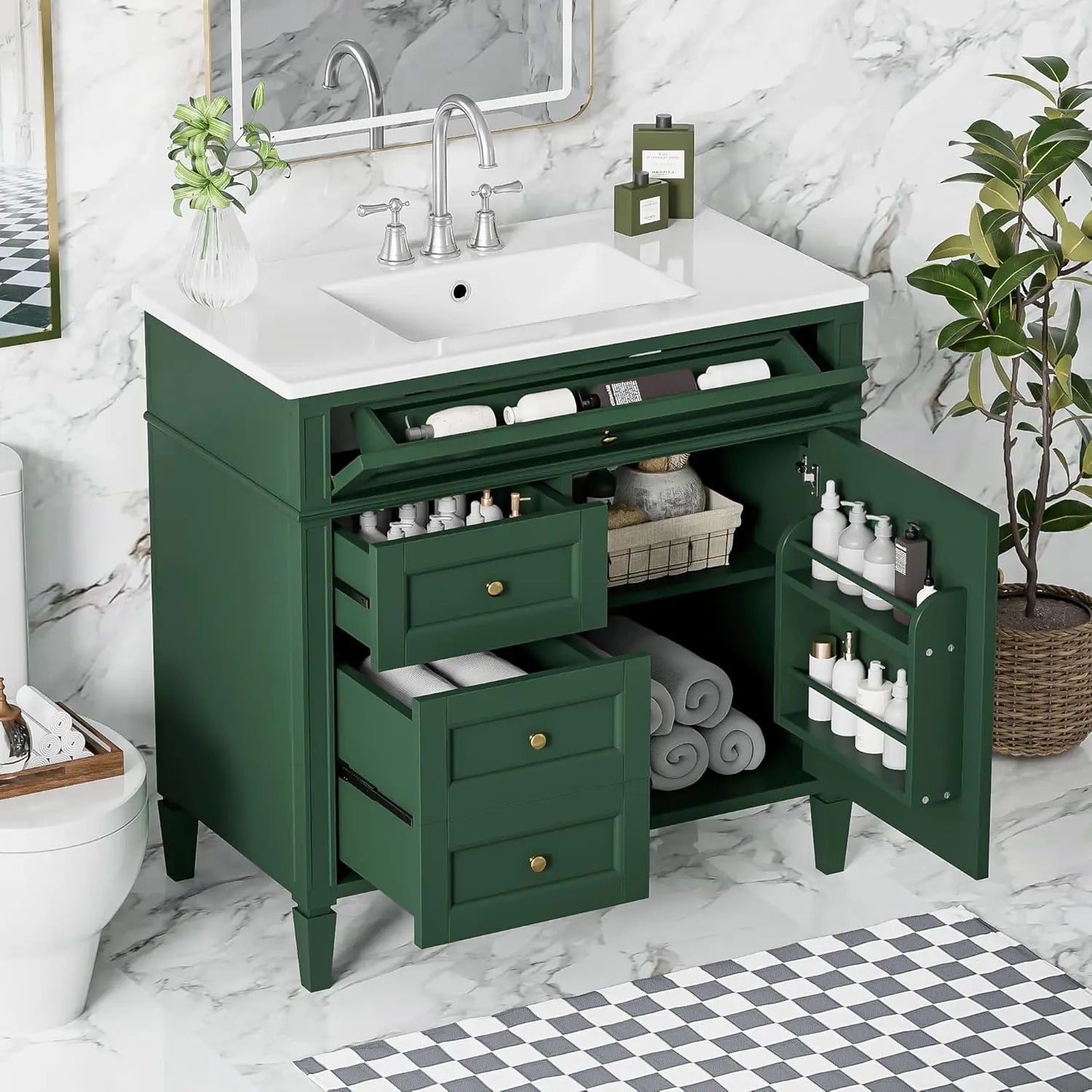Solid Wood Bathroom Vanity with Soft-Close Doors & Tip-Out Drawer