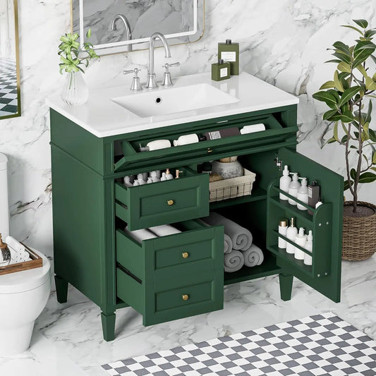 Solid Wood Bathroom Vanity with Soft-Close Doors & Tip-Out Drawer