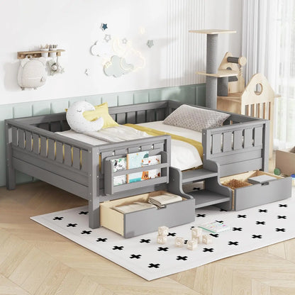 Full Size Kids Montessori Bed Frame with Stairs Bookshelf Drawers