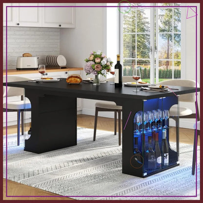 70.8" Modern Dining Table with Glass Storage Cabinet & LED Lights