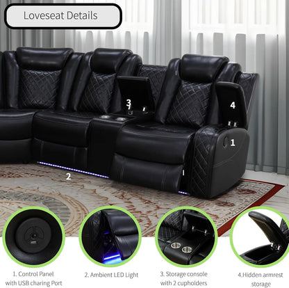 Power Leather Recliner Sectional with Chair, LED Lighting