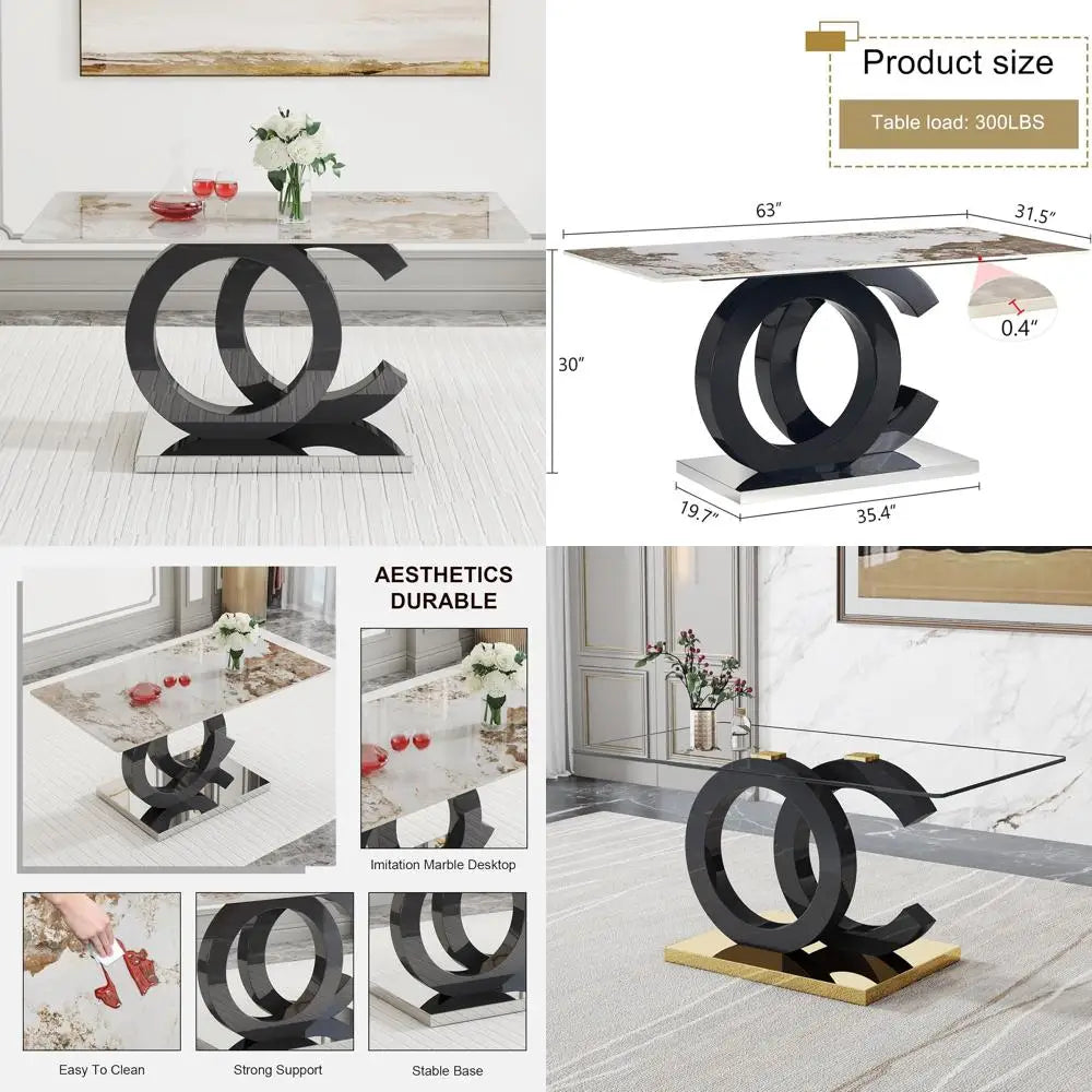 Modern Rectangular Marble Top Dining Table with Black Open-Concept Design Base