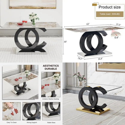 Modern Rectangular Marble Top Dining Table with Black Open-Concept Design Base