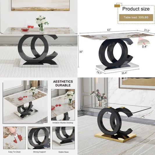 Modern Rectangular Marble Top Dining Table with Black Open-Concept Design Base