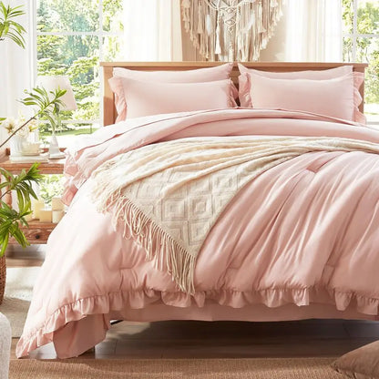 5 Piece Pink Twin Ruffled Comforter Set