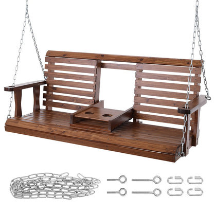 Wooden Porch Swing With Cup Holder/Console