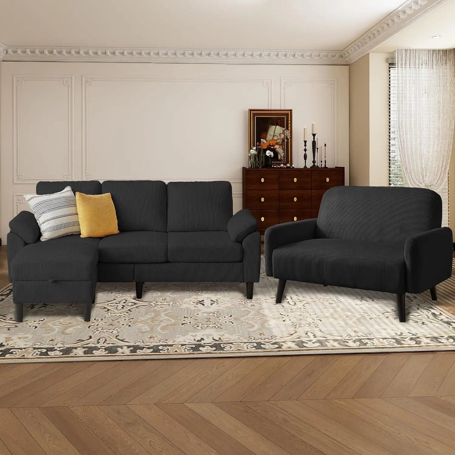 Corduroy Sectional Sofa Set with Storage Ottoman