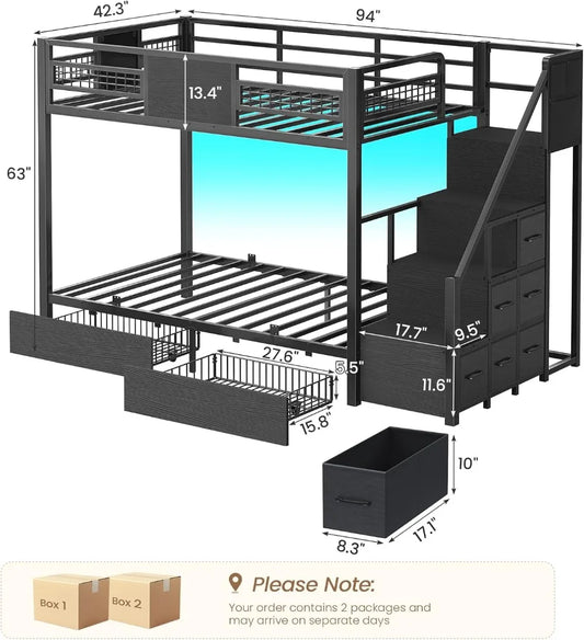 Twin Over Twin Bunk Bed with Stairs, LED Lights, Storage Drawers & Guardrail