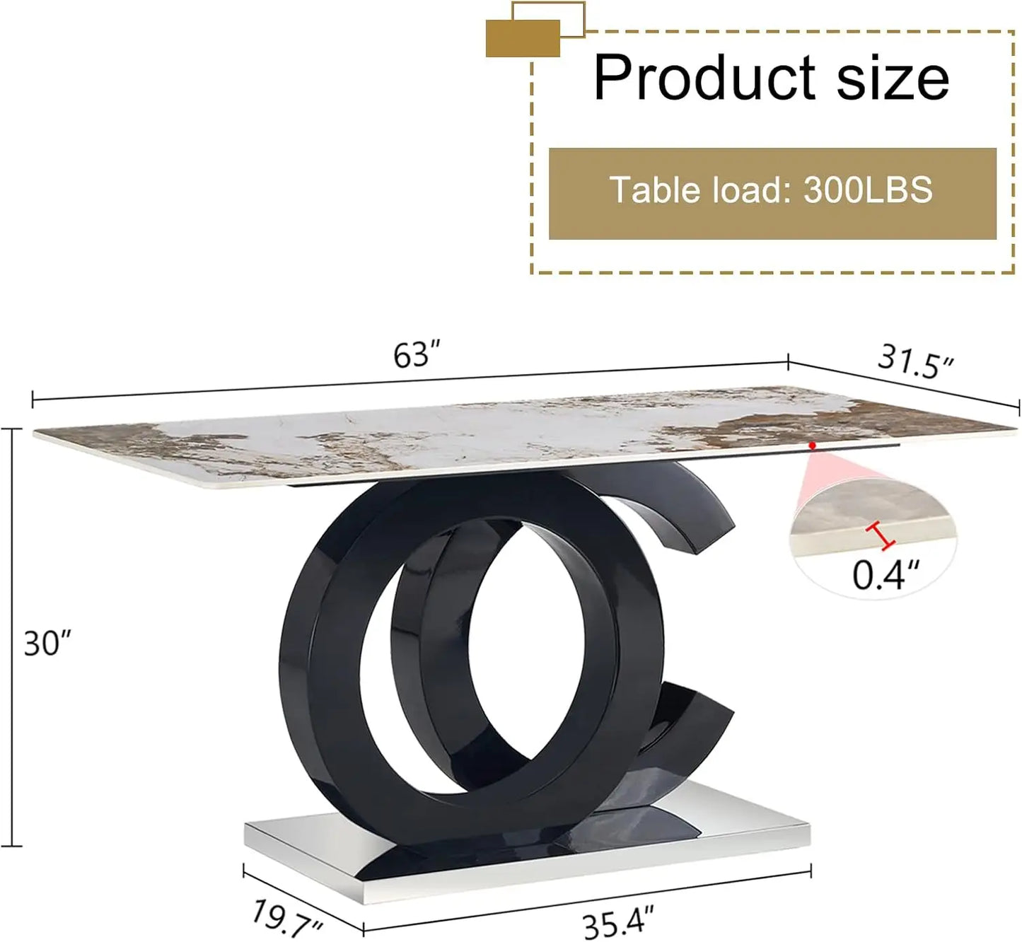 Modern Rectangular Marble Top Dining Table with Black Open-Concept Design Base