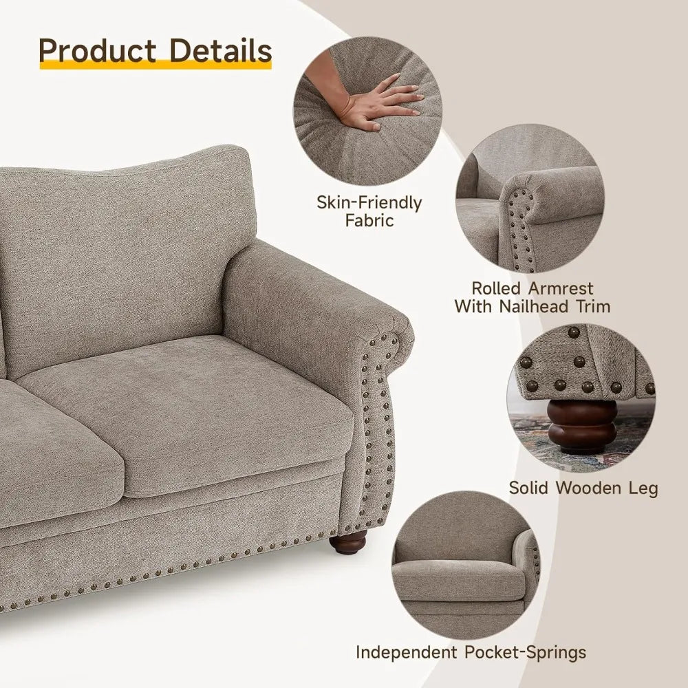 Vintage Chenille Loveseat Sofa 66" with Rolled Arms & Nailhead Trim