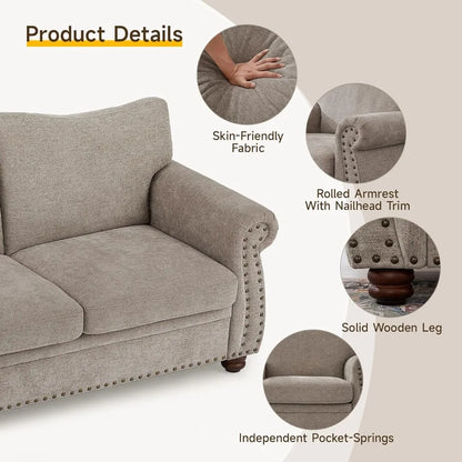 Vintage Chenille Loveseat Sofa 66" with Rolled Arms & Nailhead Trim