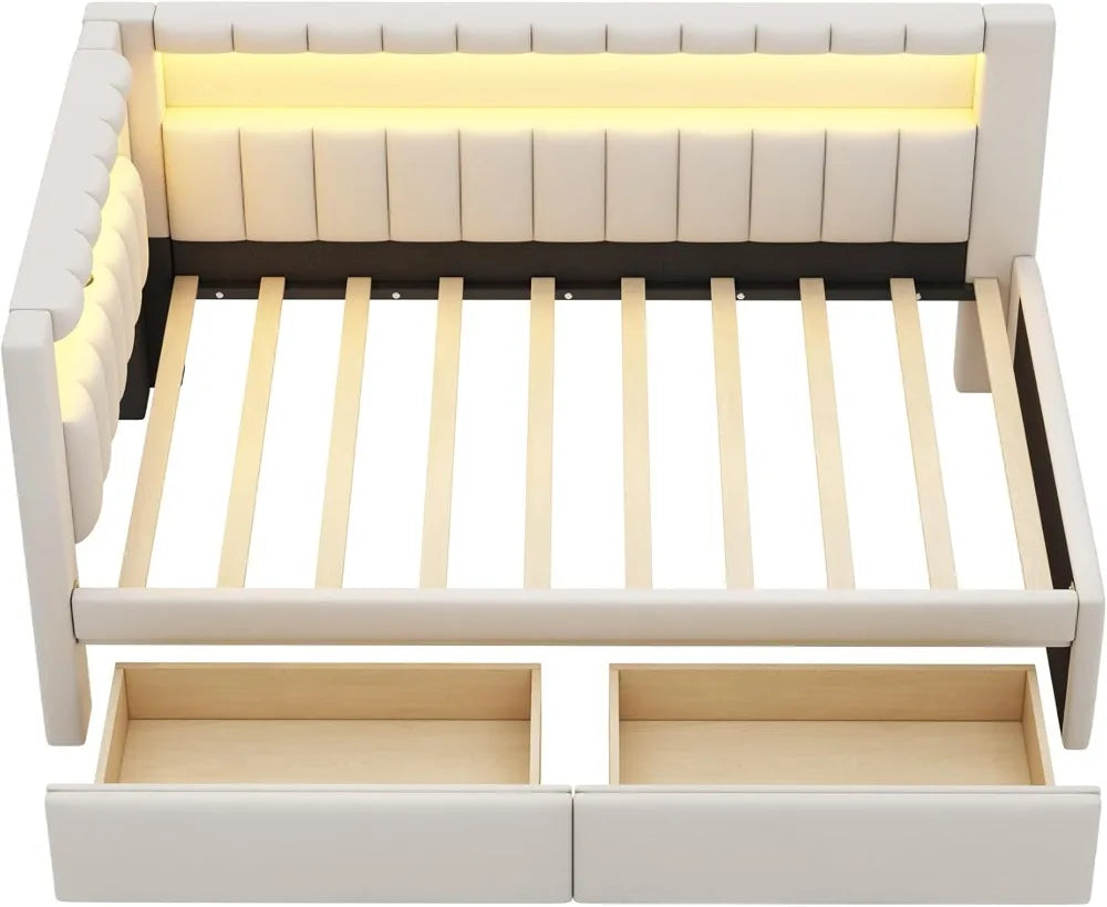 Modern Upholstered Platform Bed Frame with USB Ports & Storage Drawers