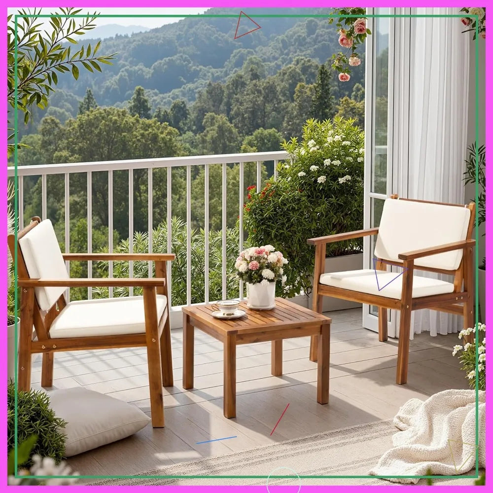 3-Piece Acacia Wood Patio Furniture Set with Coffee Table & Cushions