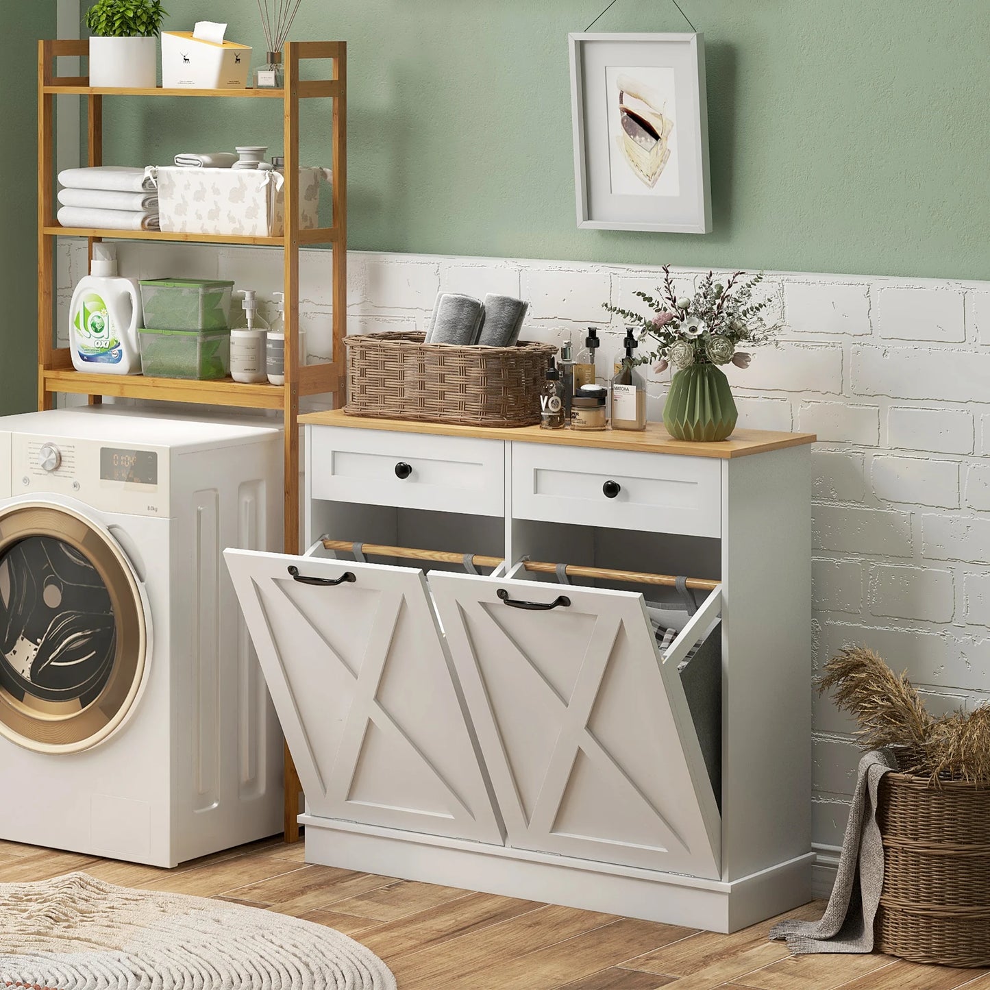 Double Tilt Out Laundry Hamper Cabinet with 2 Removable Baskets and 2 Drawers