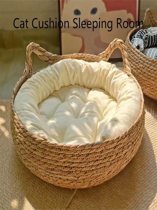Pure Hand-Woven Rattan Cat Nest With Removable Washable Pad