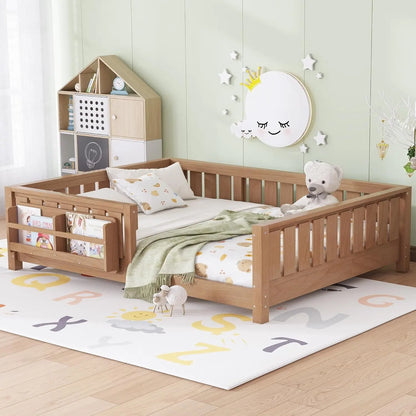 Full Size Kids Montessori Bed Frame with Stairs Bookshelf Drawers