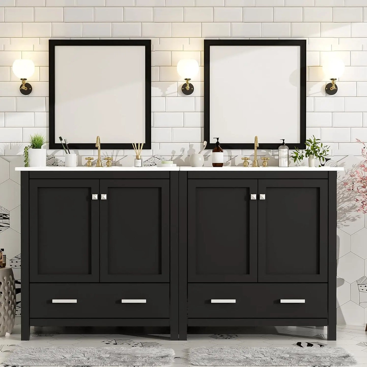 60" Double Sink Bathroom Vanity, Solid Wood Cabinet Storage Drawers