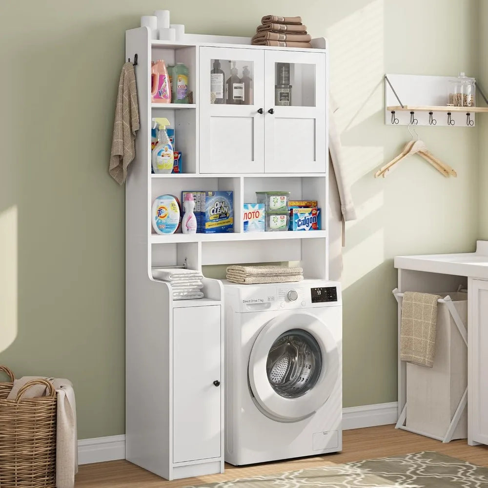 Over Toilet Storage Cabinet with Glass Doors, Bathroom Organizer with Adjustable Shelves