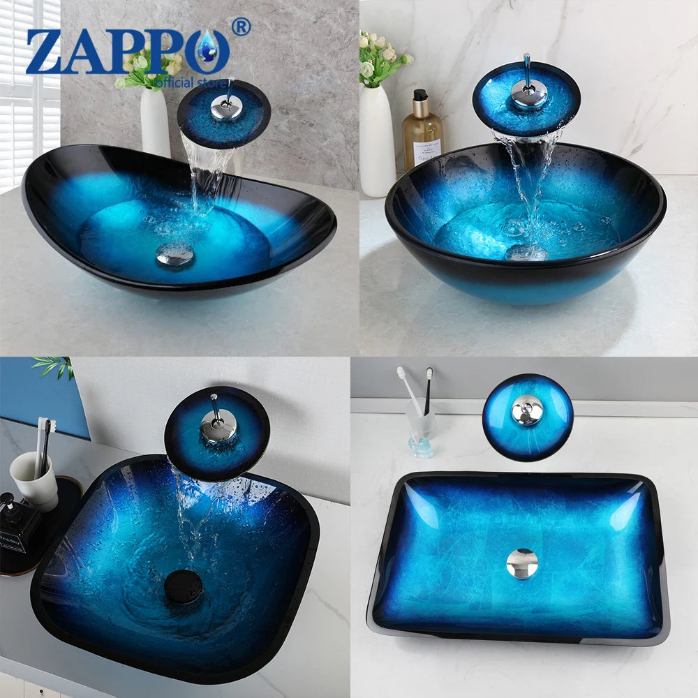 Tempered Glass Bathroom Vessel Sink with Waterfall