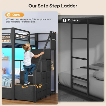 Twin Over Twin Bunk Bed with Stairs, LED Lights, Storage Drawers & Guardrail