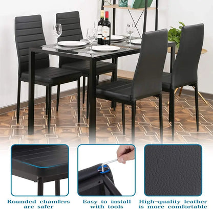 5-Piece Black Glass  Dining Table Set Kitchen Table with 4 Upholstered Chairs
