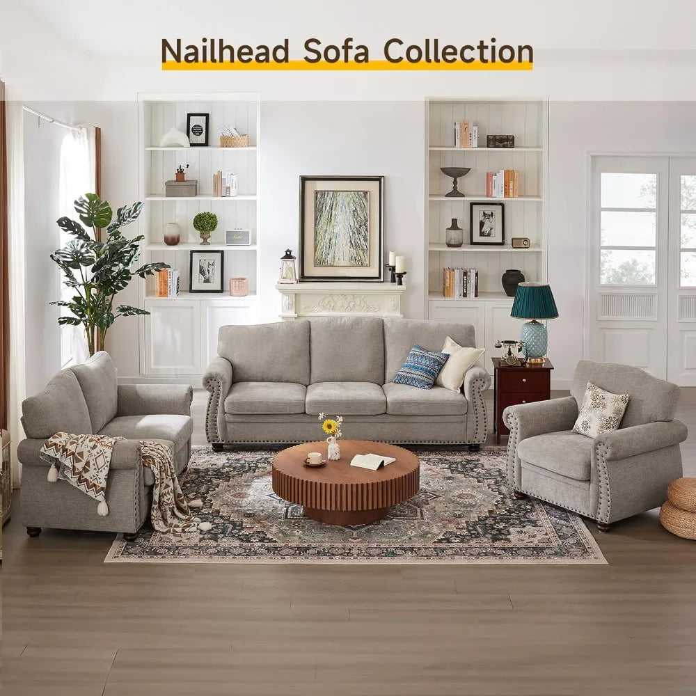 Vintage Chenille Loveseat Sofa 66" with Rolled Arms & Nailhead Trim