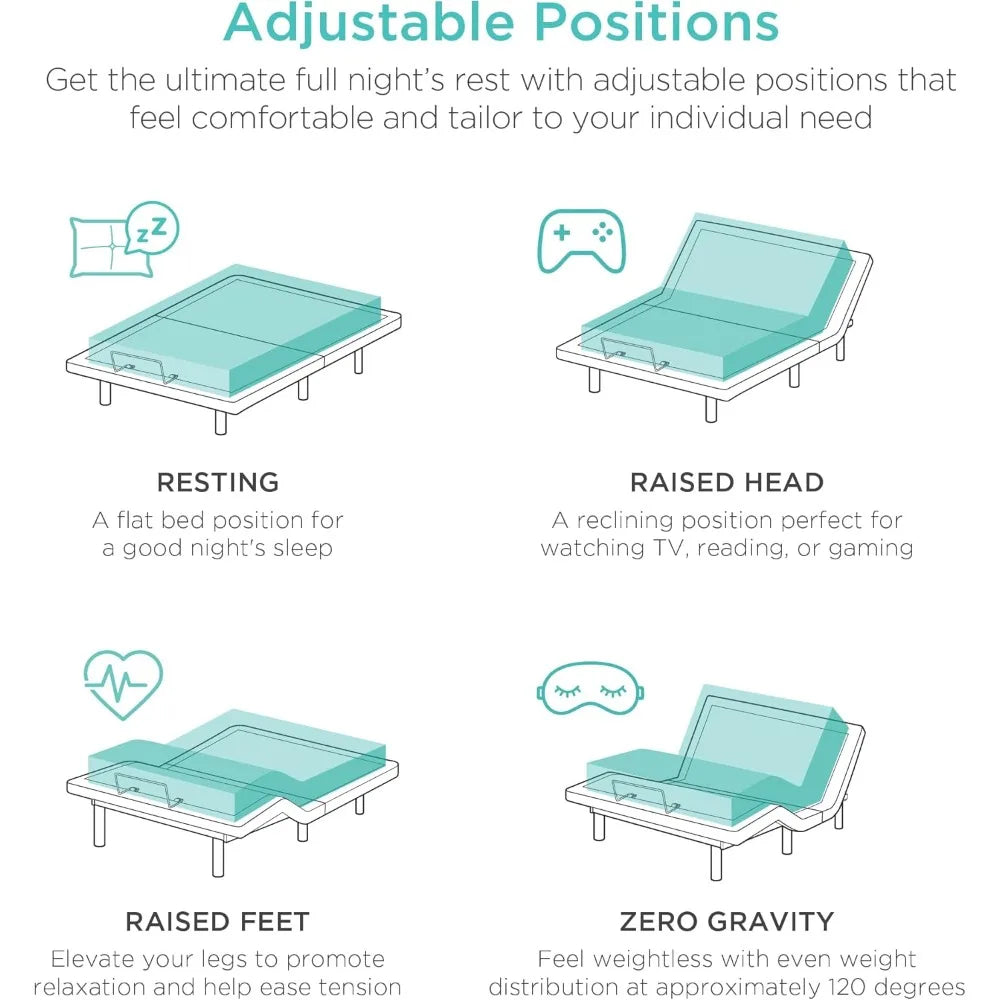 Queen Size Adjustable Bed Frame with Wireless Remote, Massager, USB Ports & Nightlight