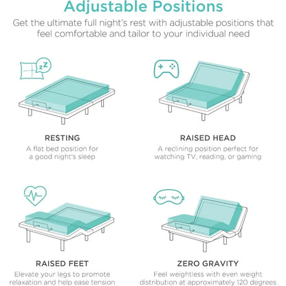 Queen Size Adjustable Bed Frame with Wireless Remote, Massager, USB Ports & Nightlight