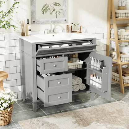 Solid Wood Bathroom Vanity with Soft-Close Doors & Tip-Out Drawer