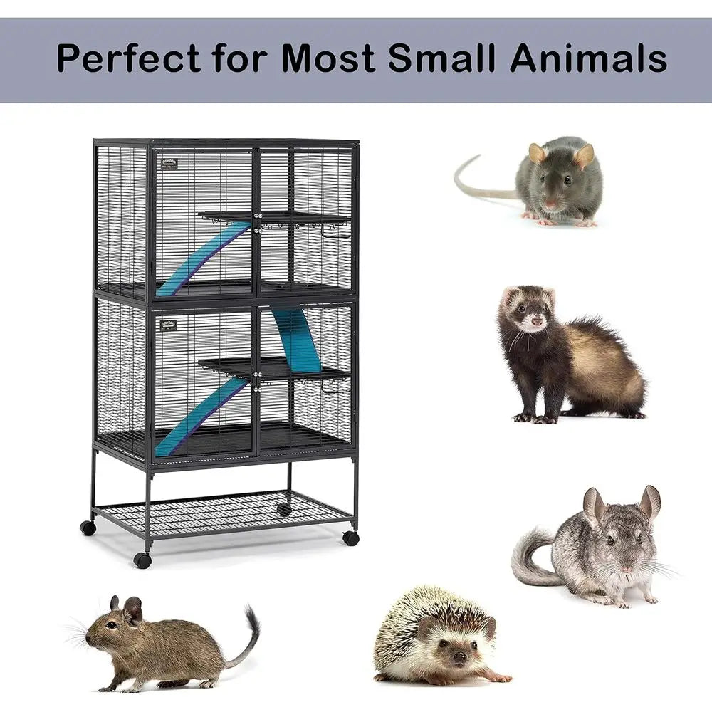 Double Unit Small Animal Cage, 4 Tiers, Includes Pan, Shelf, Ramp & Cover