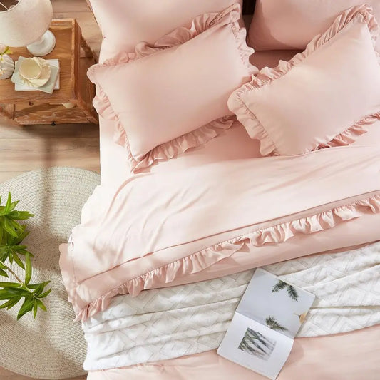 5 Piece Pink Twin Ruffled Comforter Set