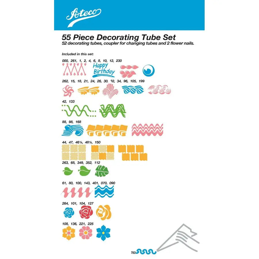 55 Piece Cake Decorating Set, Includes 52 Stainless Steel Tubes, 1 Standard Coupler, 2 Flower Nails in Hinged Storage Box