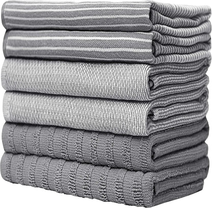 Premium Cotton Kitchen Towels, 6 Pack, Highly Absorbent with Hanging Loop