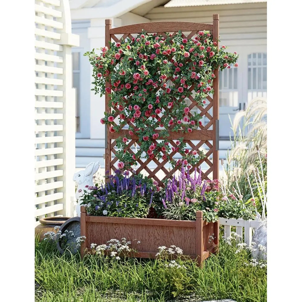 Wheeled Wooden Planter Box with Trellis for Privacy and Patio Gardening