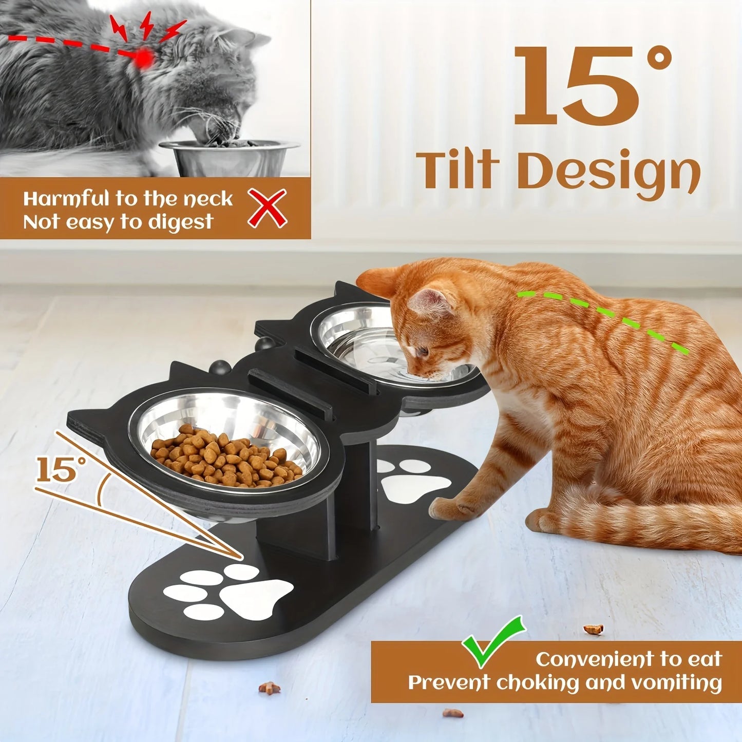 Elevated Cat Bowls 15° Tilted with Wooden Stand
