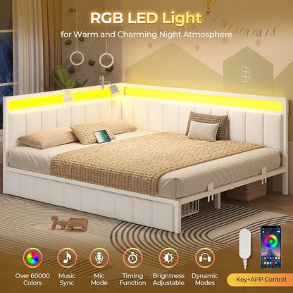 Queen Corner Bed Frame with Storage Drawers, LED Lights & Charging Station