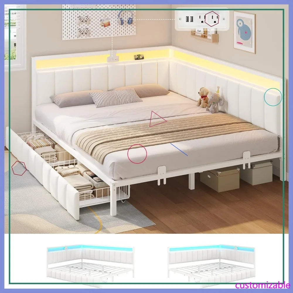 Queen Corner Bed Frame with Storage Drawers, LED Lights & Charging Station