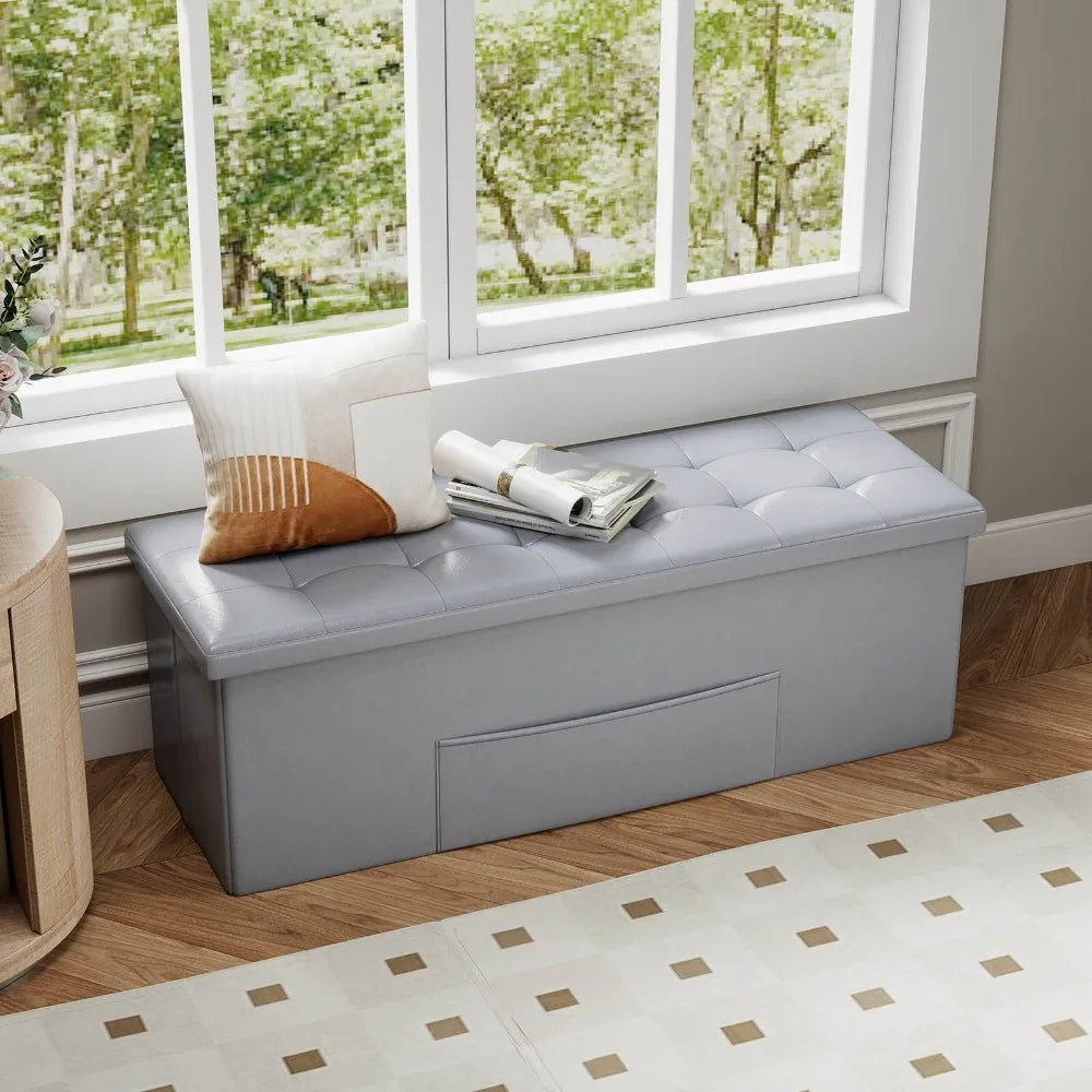 Folding Storage Ottoman Bench with Side Pocket Storage Chest
