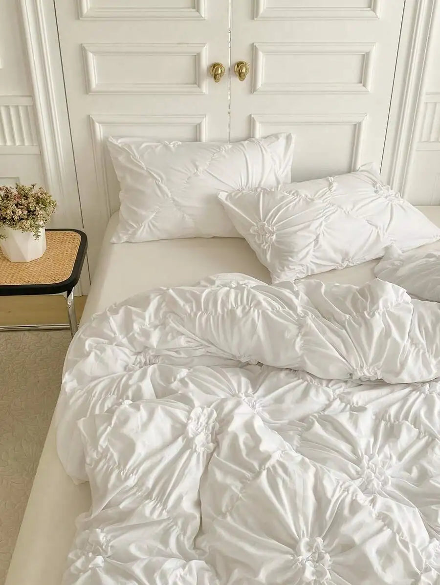 White Ruched Flower Design Duvet Cover Set with Pillowcases