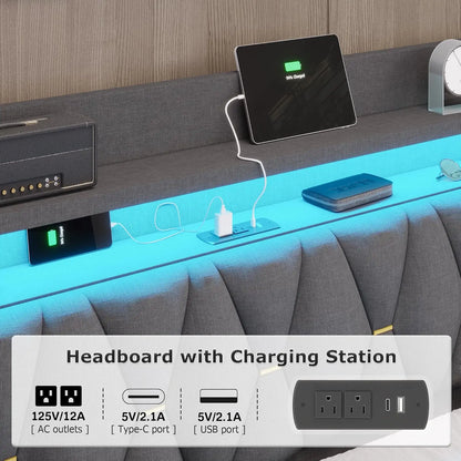 LED King Bed Frame with Charging Station & Storage Headboard